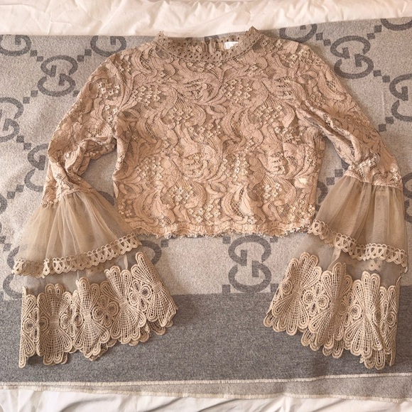 Revamped Tops - Revamped Lace Bell Sleeve Blouse in Tan